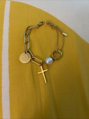 Gold Pearl & Cross Charm Bracelet - Women's Jewelry NWOT
